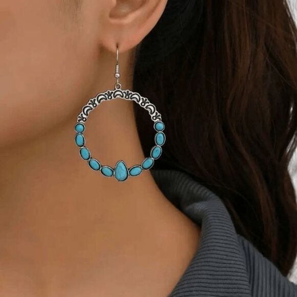 Bohemian Western Circle Hoop Turquoise Dangle Earrings - Picture 1 of 5